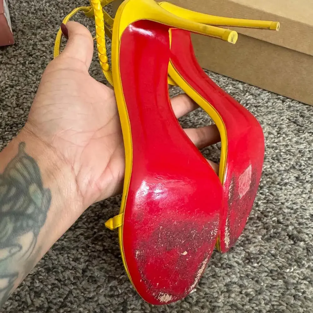 Christian Louboutin So Me 100 Yellow Patent Ankle Strap Sandal Heels - Picture 6 of 7